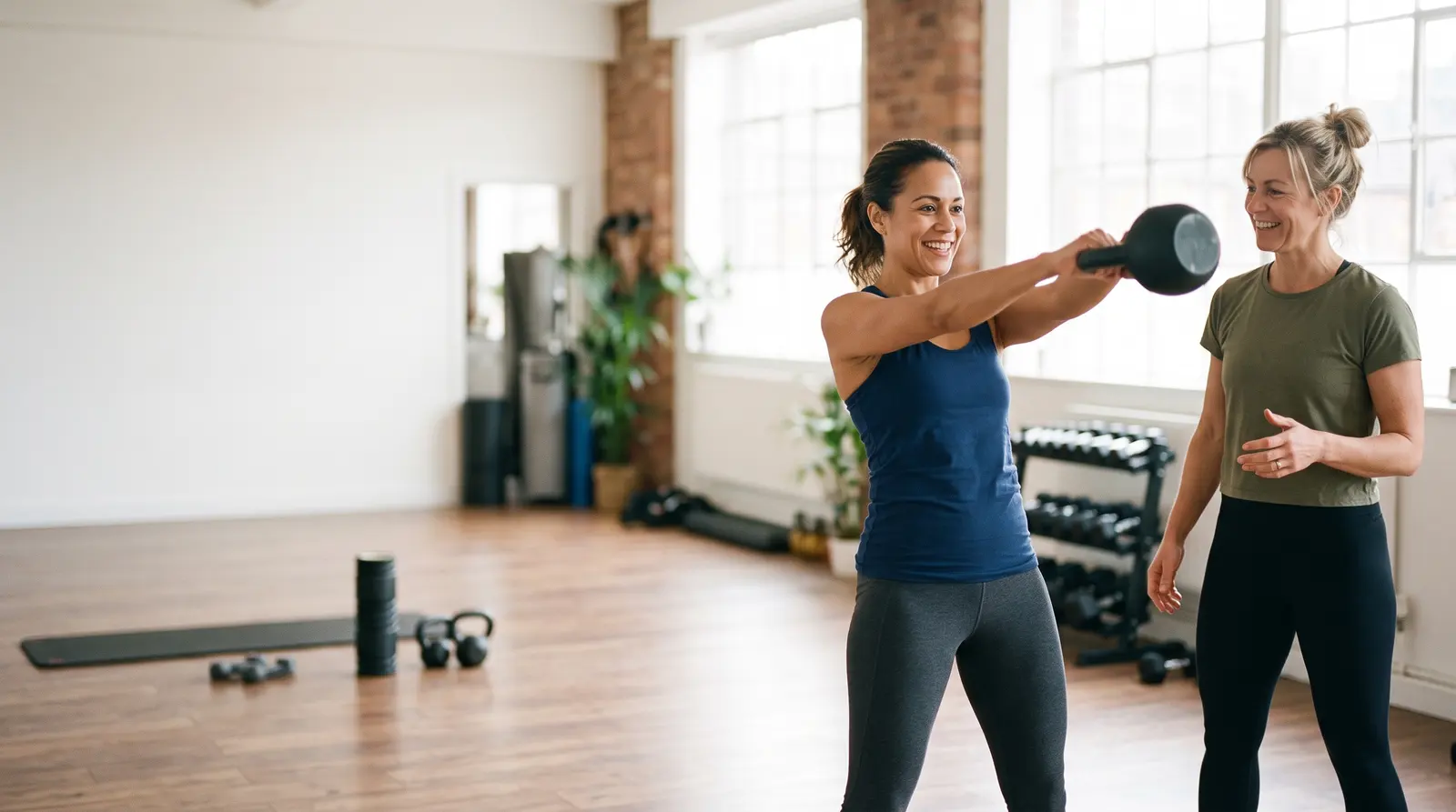A personal trainer coaching a client through a kettlebell swing