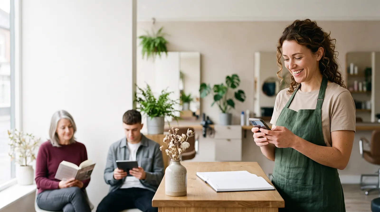 A salon owner checking her phone between clients