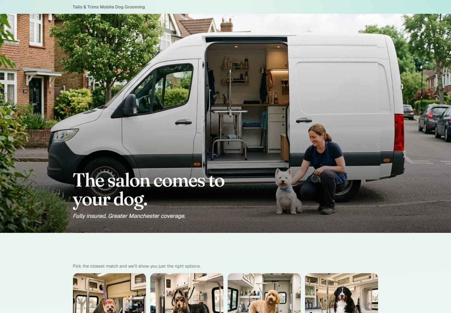 A mobile dog groomer’s booking page, built in Soopaspace